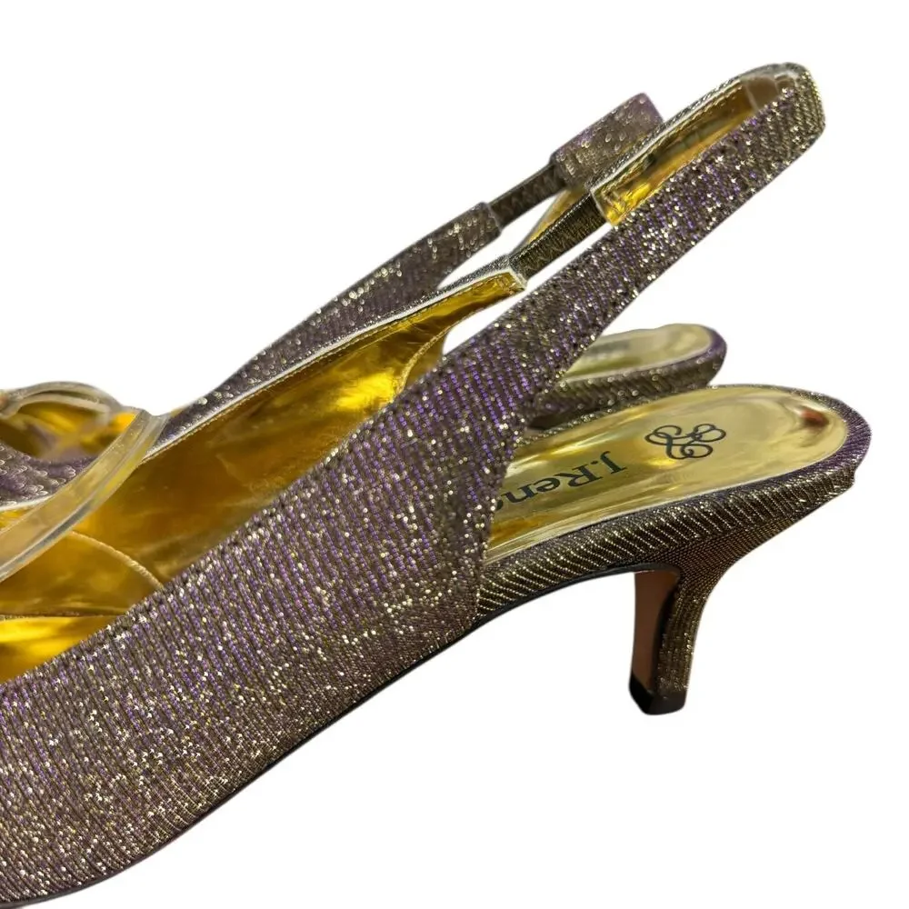 J Renee Metallic Gold Purple Slingback Peep Toe Heels Shoes Leather Sole sz 11